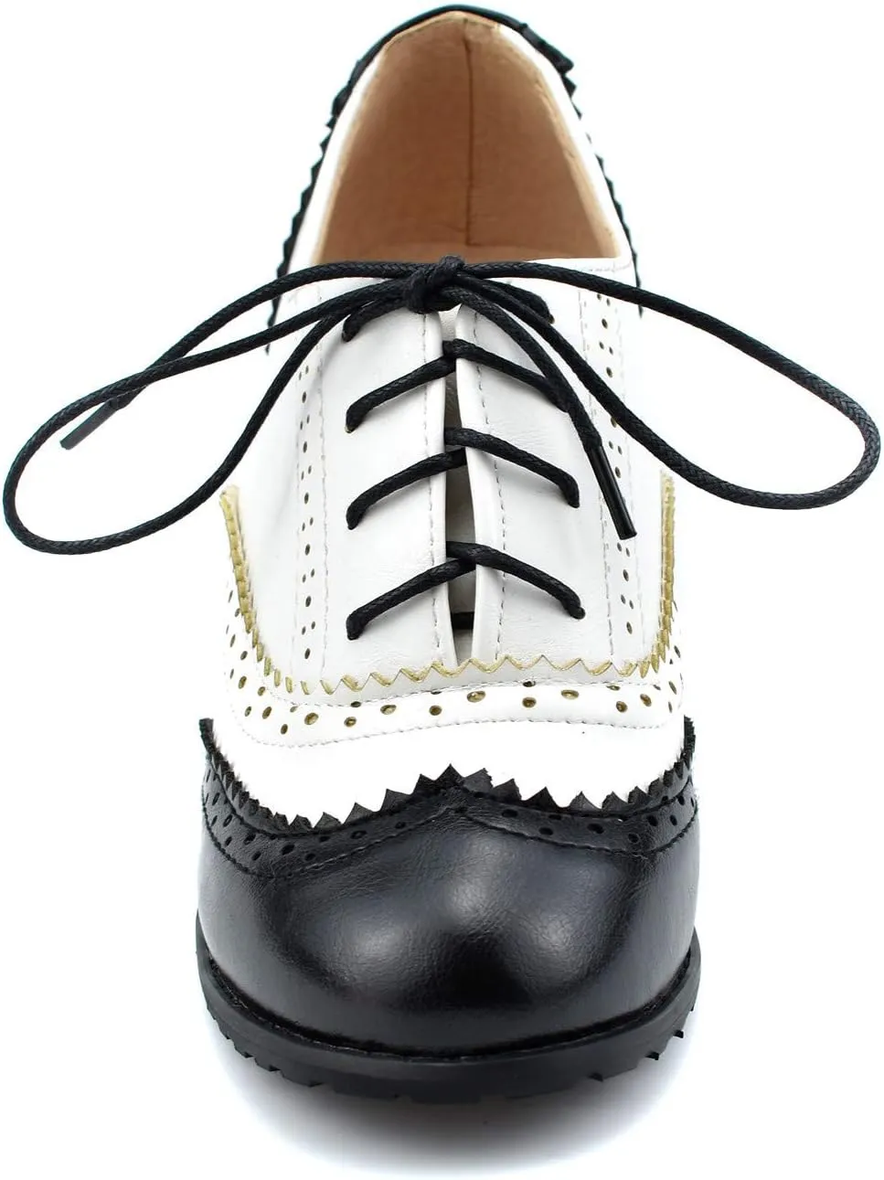 100FIXEO Women Block Heel Wingtip Oxford Shoes Vintage Chunky Heel Saddle Shoes