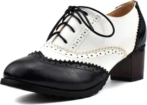 100FIXEO Women Block Heel Wingtip Oxford Shoes Vintage Chunky Heel Saddle Shoes
