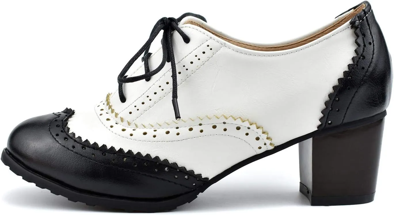 100FIXEO Women Block Heel Wingtip Oxford Shoes Vintage Chunky Heel Saddle Shoes