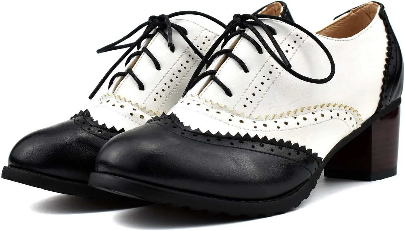 100FIXEO Women Block Heel Wingtip Oxford Shoes Vintage Chunky Heel Saddle Shoes