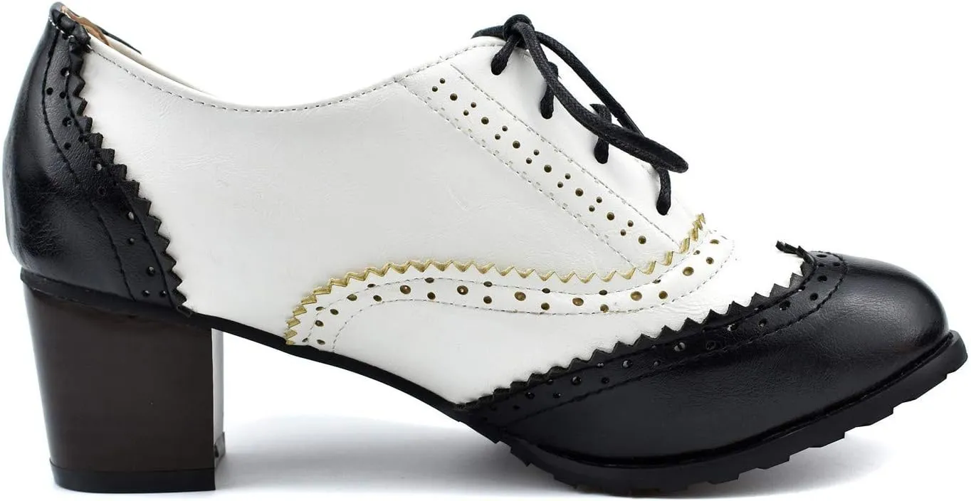 100FIXEO Women Block Heel Wingtip Oxford Shoes Vintage Chunky Heel Saddle Shoes