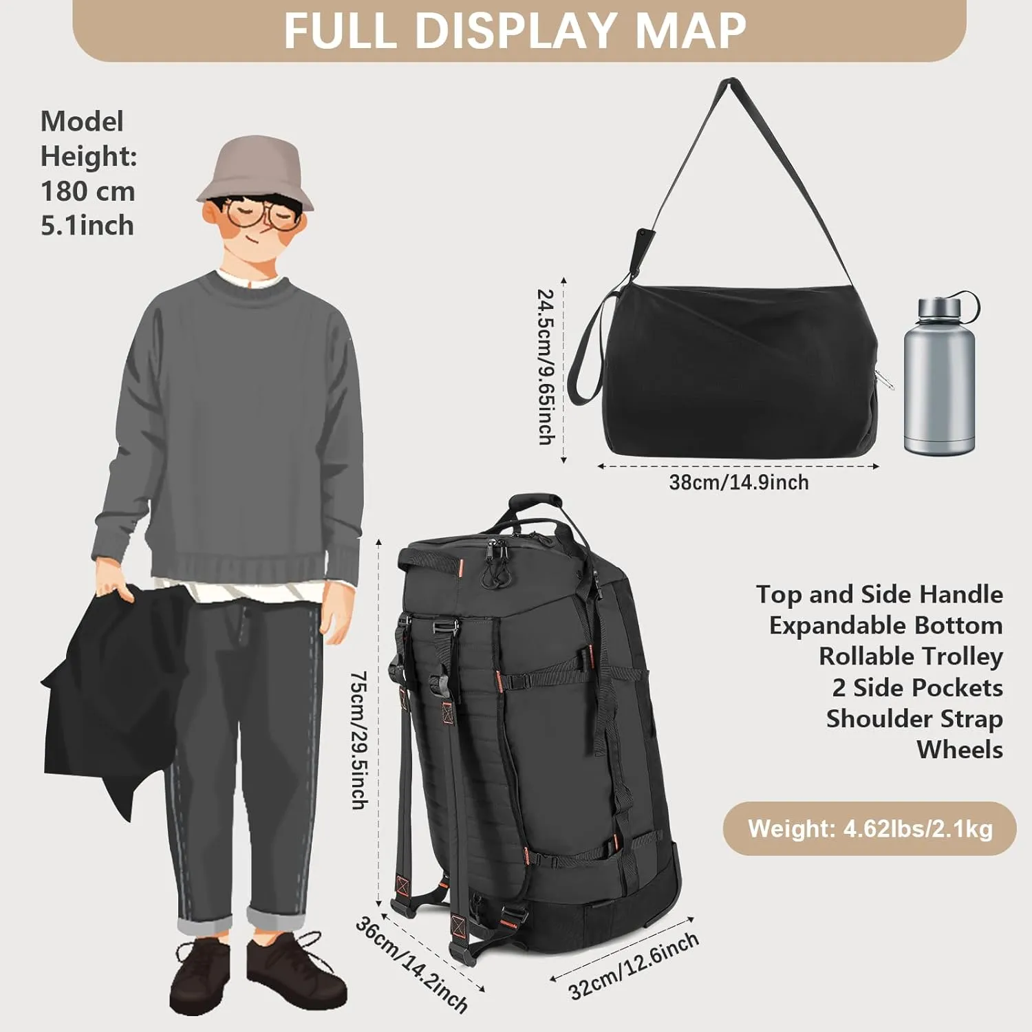 29" 86L Foldable Wheeled Duffle Bag, Waterproof Travel Rolling Backpack with Quilted Bottom, Black