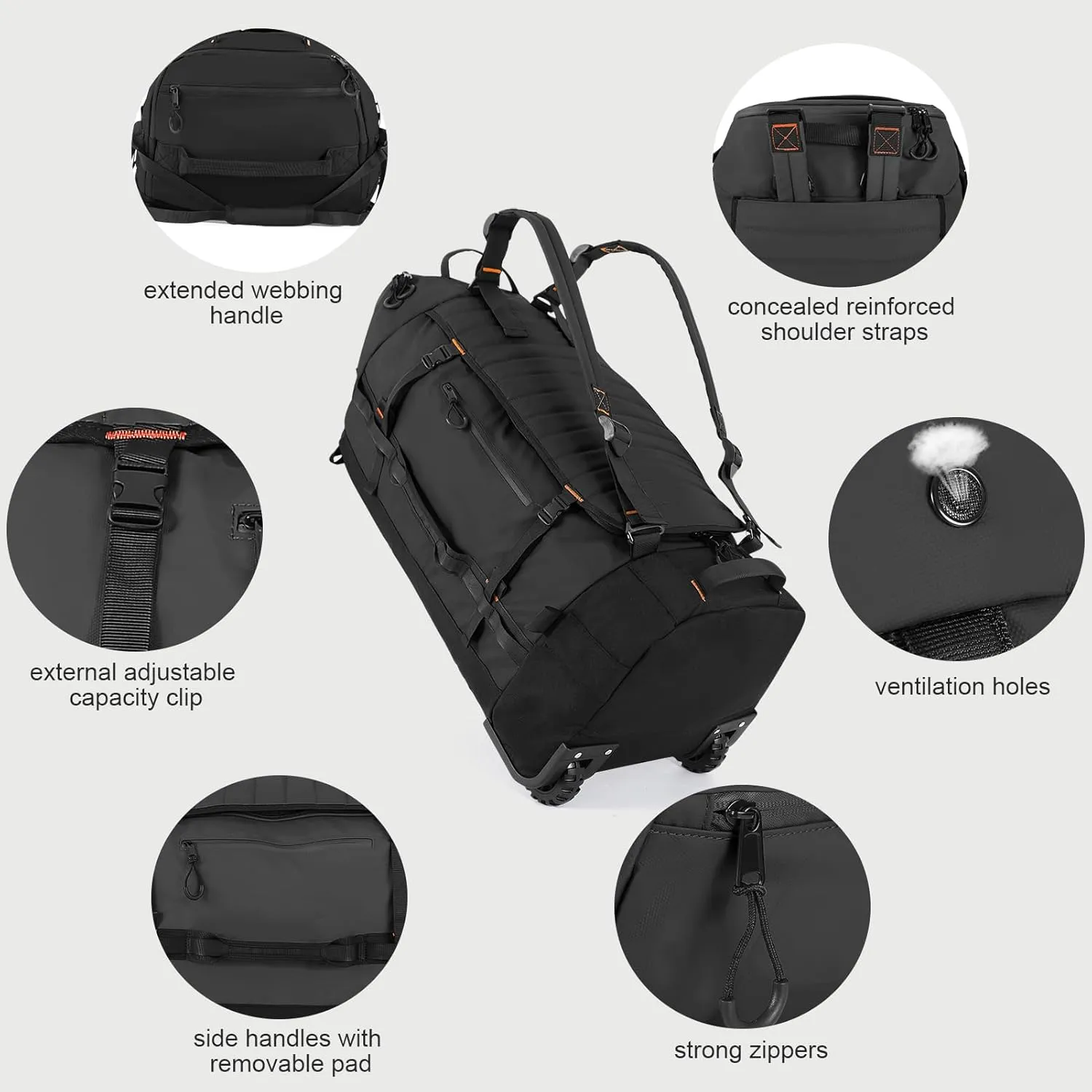 29" 86L Foldable Wheeled Duffle Bag, Waterproof Travel Rolling Backpack with Quilted Bottom, Black