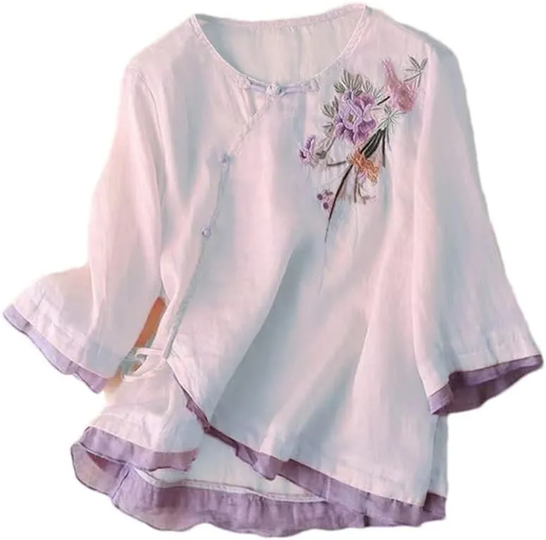 3/4 Sleeve Cotton Linen Shirts for Women 2025 Summer Retro Embroidered Boho Tops Dressy Casual Trendy Vacation Blouse