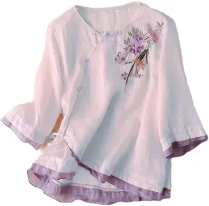 3/4 Sleeve Cotton Linen Shirts for Women 2025 Summer Retro Embroidered Boho Tops Dressy Casual Trendy Vacation Blouse