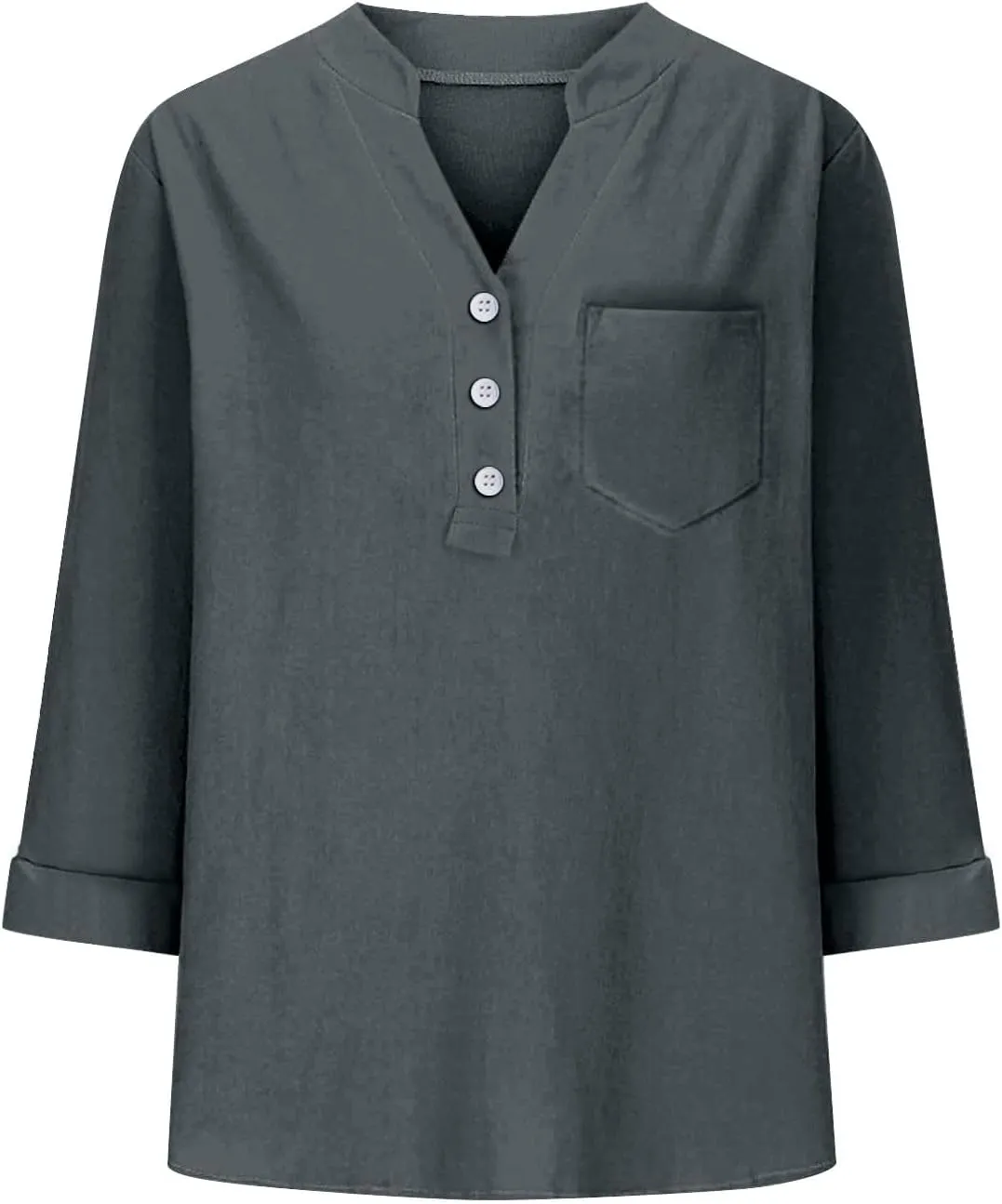 3/4 Sleeve Linen Tops for Women Loose Fit V Neck Button Down Henley Shirts Cute Summer Beach Tee Shirts with Pocket