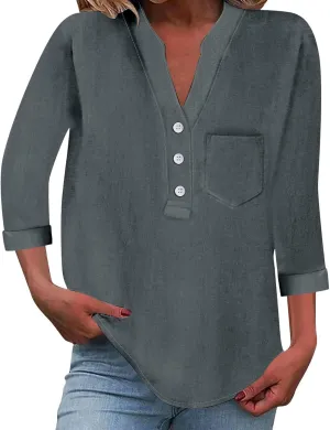 3/4 Sleeve Linen Tops for Women Loose Fit V Neck Button Down Henley Shirts Cute Summer Beach Tee Shirts with Pocket