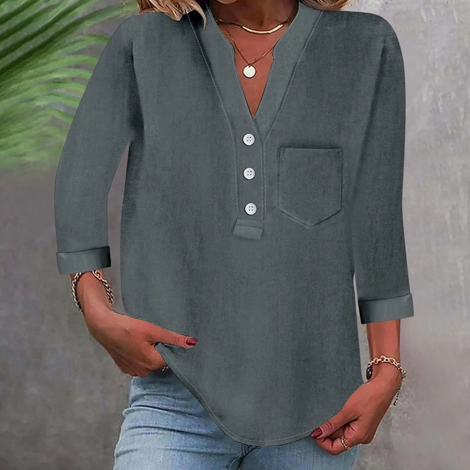 3/4 Sleeve Linen Tops for Women Loose Fit V Neck Button Down Henley Shirts Cute Summer Beach Tee Shirts with Pocket
