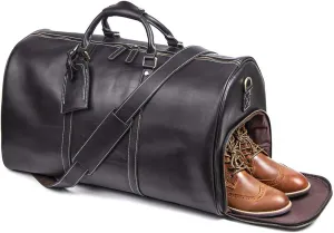 60L Leather Weekender Bag with Shoe Compartment,Classic Mens Leather Travel Duffel Overnight Bag YKK Zipper (Black)