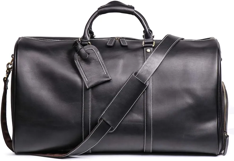 60L Leather Weekender Bag with Shoe Compartment,Classic Mens Leather Travel Duffel Overnight Bag YKK Zipper (Black)