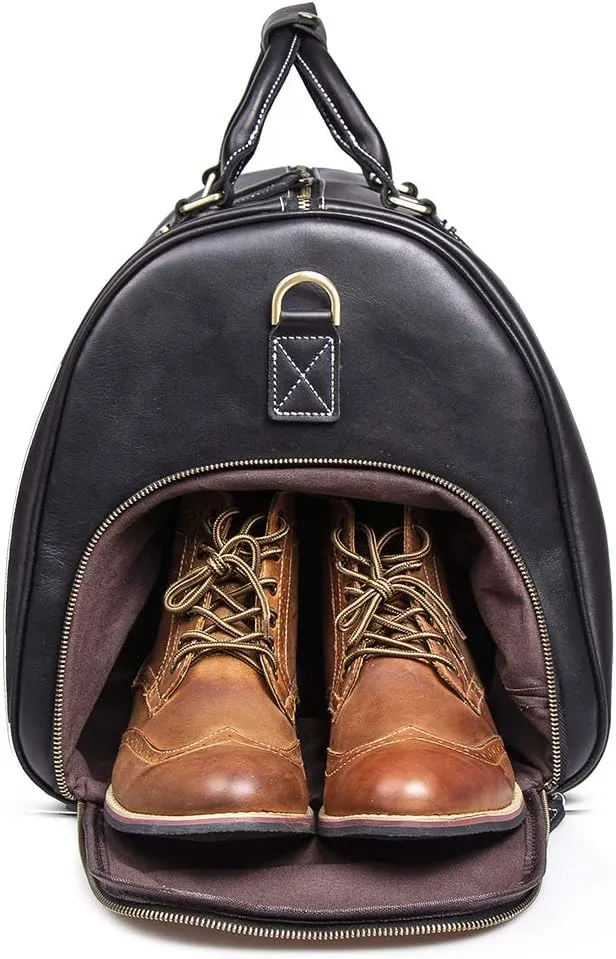 60L Leather Weekender Bag with Shoe Compartment,Classic Mens Leather Travel Duffel Overnight Bag YKK Zipper (Black)