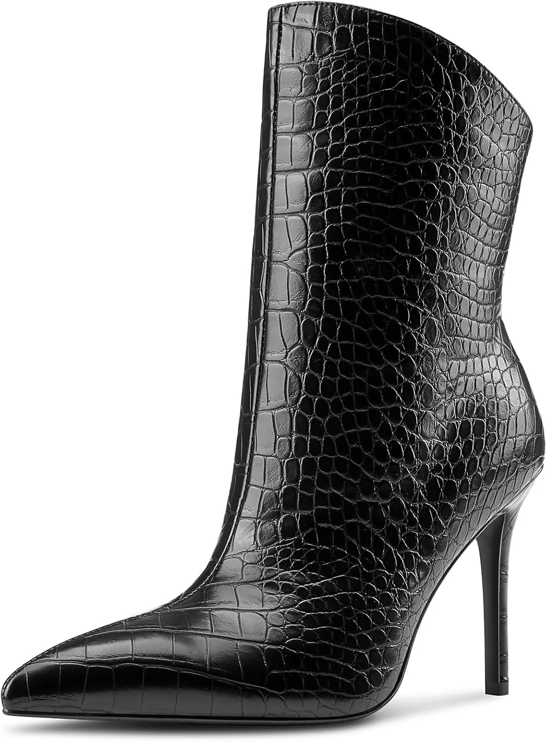 Aachcol Womens Stiletto High Heel Ankle Boots Pointed Toe Mid Calf Boots Slip-on Wide Calf Fashion Dress Shoes Booties 3.9 Inches Heels