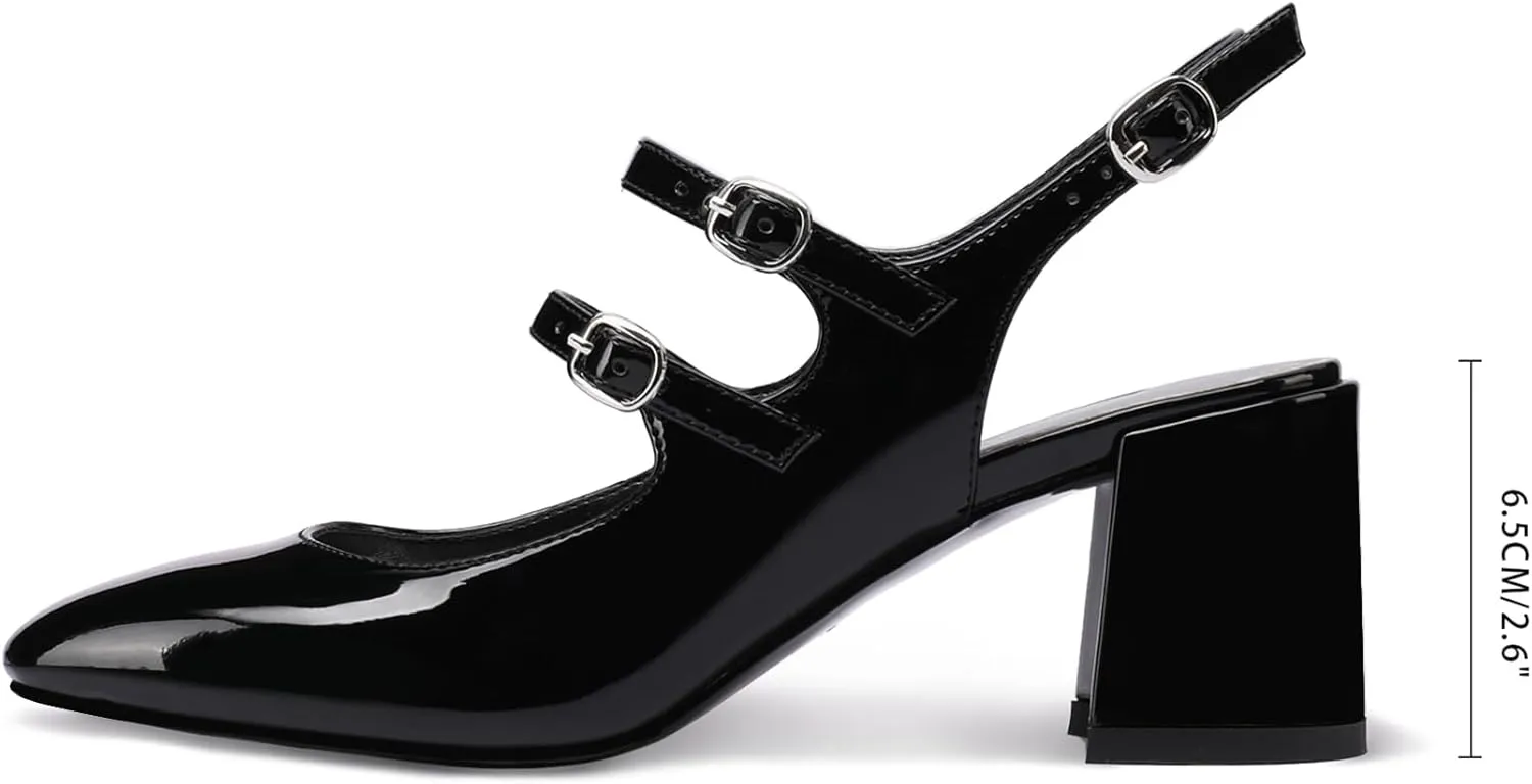 Adrizzlein Women Mary Janes Pumps Round Toe Strappy Chunky Heel Pumps with Adjustable Buckle