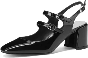 Adrizzlein Women Mary Janes Pumps Round Toe Strappy Chunky Heel Pumps with Adjustable Buckle