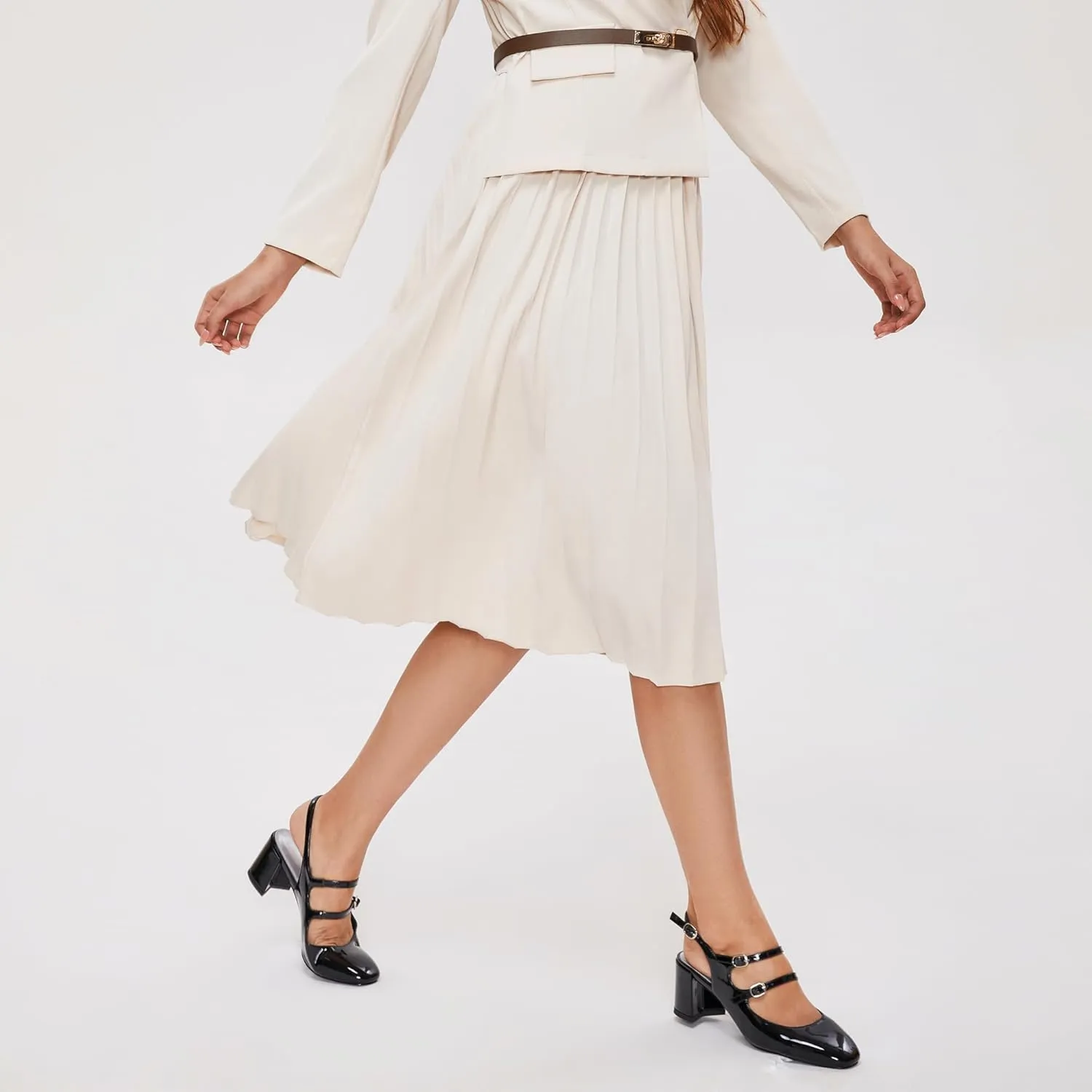 Adrizzlein Women Mary Janes Pumps Round Toe Strappy Chunky Heel Pumps with Adjustable Buckle