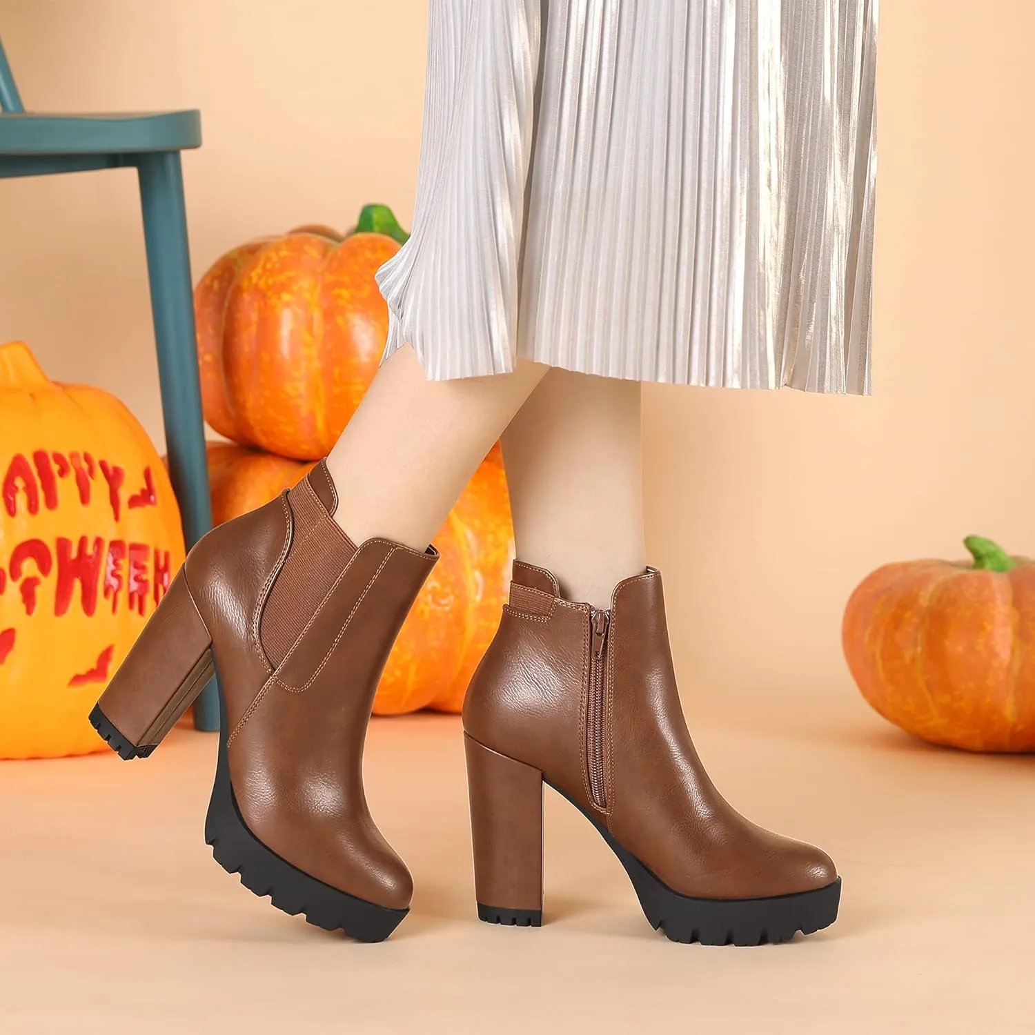 Allegra K Women's Chunky High Heel Platform Ankle Boots