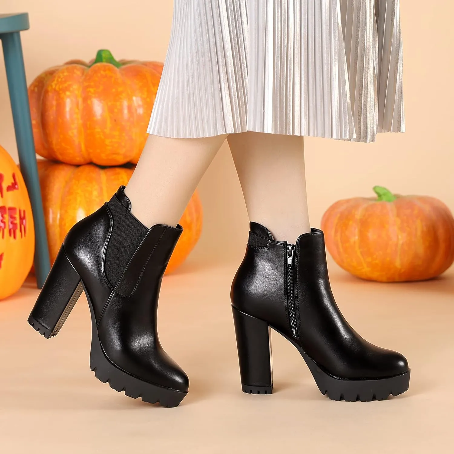 Allegra K Women's Chunky High Heel Platform Ankle Boots