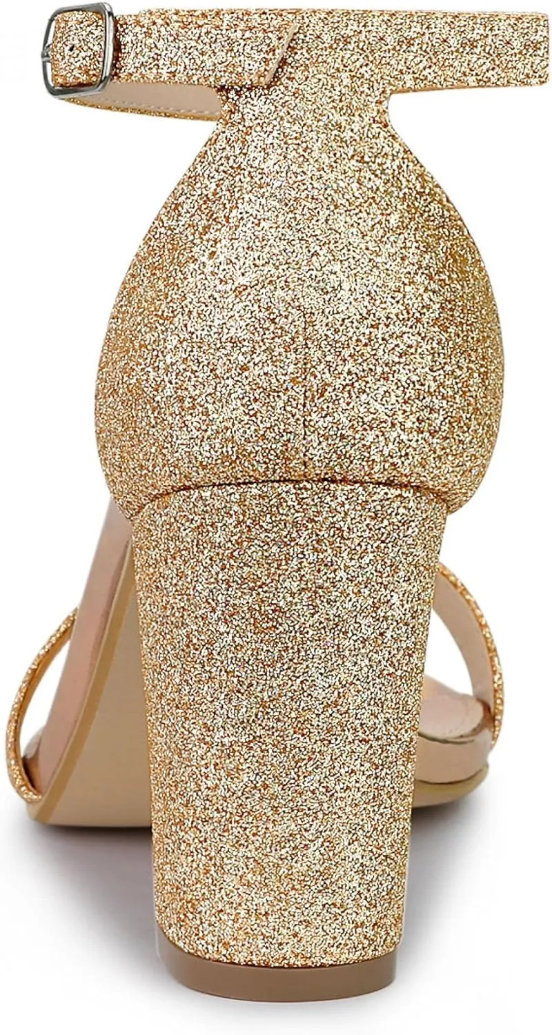 Allegra K Women's Glitter Ankle Strap Chunky Heels Sandals