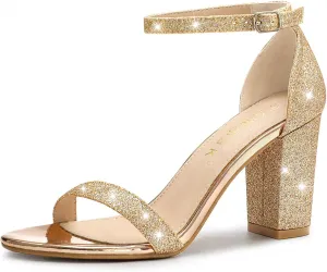 Allegra K Women's Glitter Ankle Strap Chunky Heels Sandals