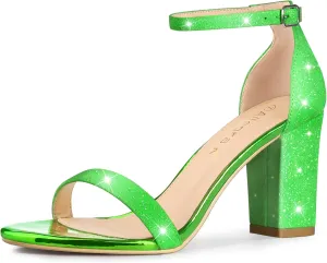 Allegra K Women's Glitter Ankle Strap Chunky Heels Sandals