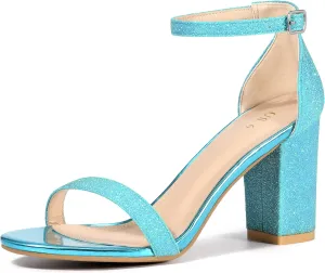 Allegra K Women's Glitter Ankle Strap Chunky Heels Sandals