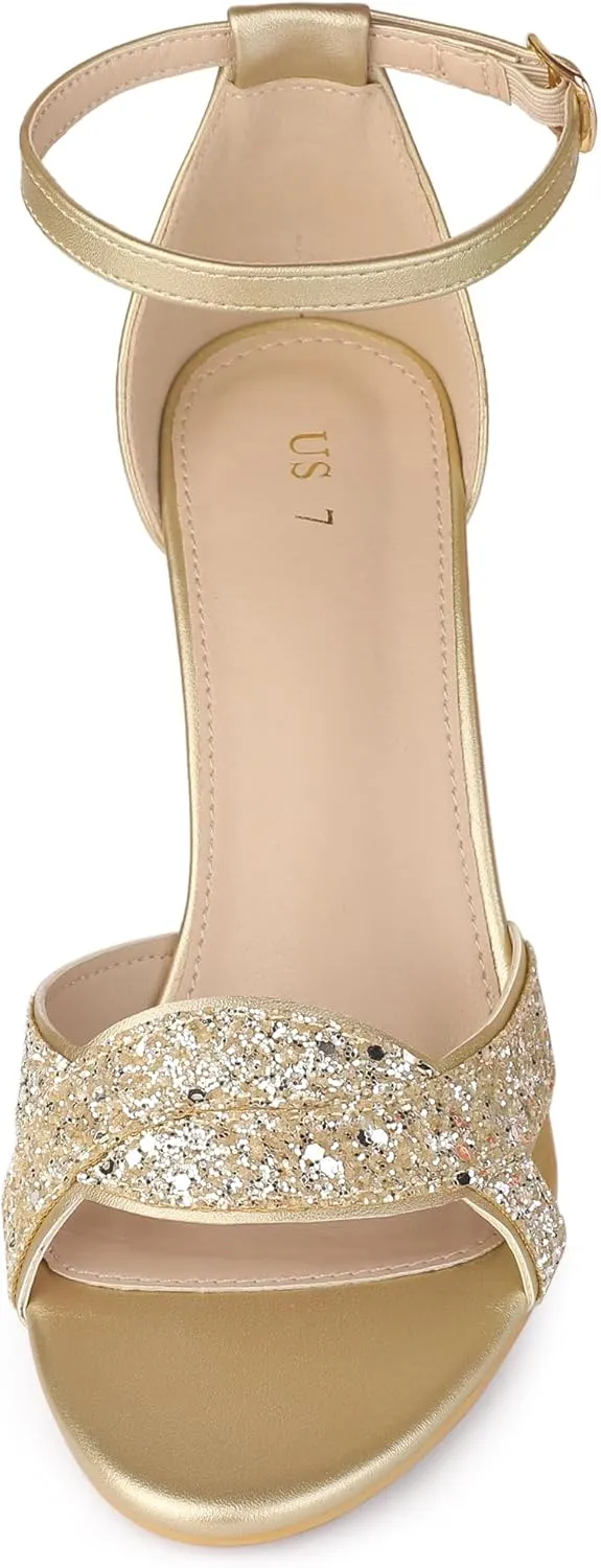 Allegra K Women's Glitter Ankle Strap High Chunky Heel Sandals