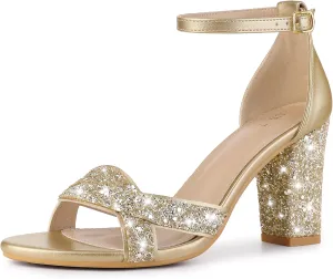 Allegra K Women's Glitter Ankle Strap High Chunky Heel Sandals