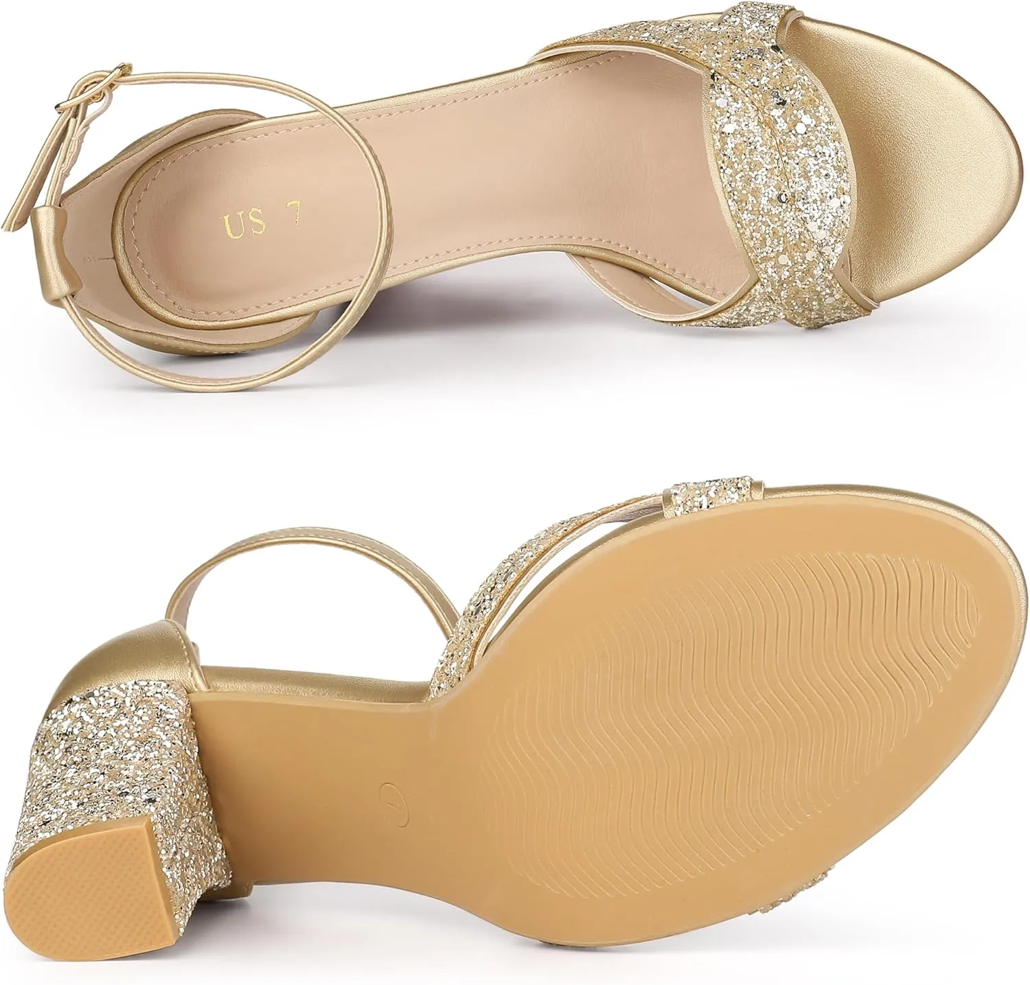 Allegra K Women's Glitter Ankle Strap High Chunky Heel Sandals
