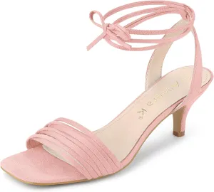 Allegra K Women's Kitten Heel Lace Up Suede Heel Sandals