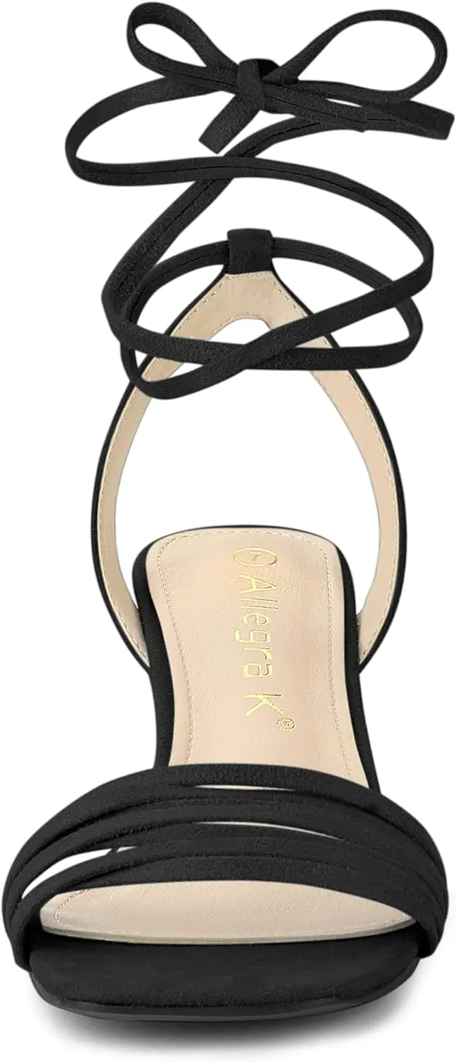 Allegra K Women's Kitten Heel Lace Up Suede Heel Sandals