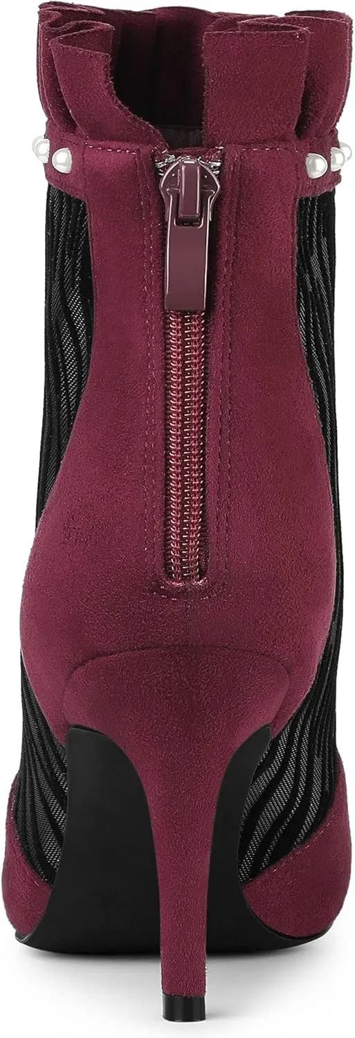 Allegra K Women's Mesh Heel Boots Stiletto Heels Ruffle Ankle Boots