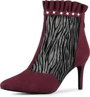 Allegra K Women's Mesh Heel Boots Stiletto Heels Ruffle Ankle Boots