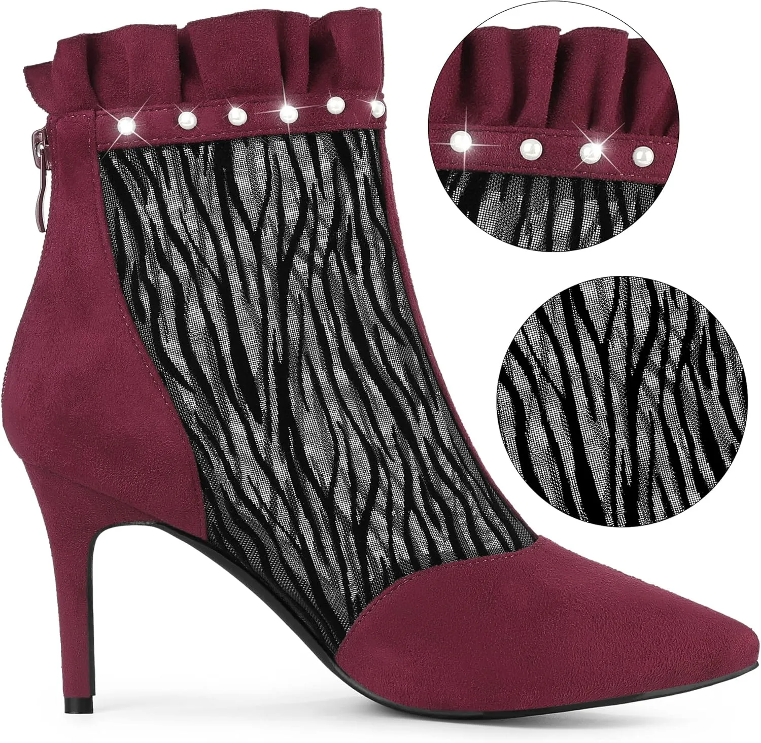 Allegra K Women's Mesh Heel Boots Stiletto Heels Ruffle Ankle Boots