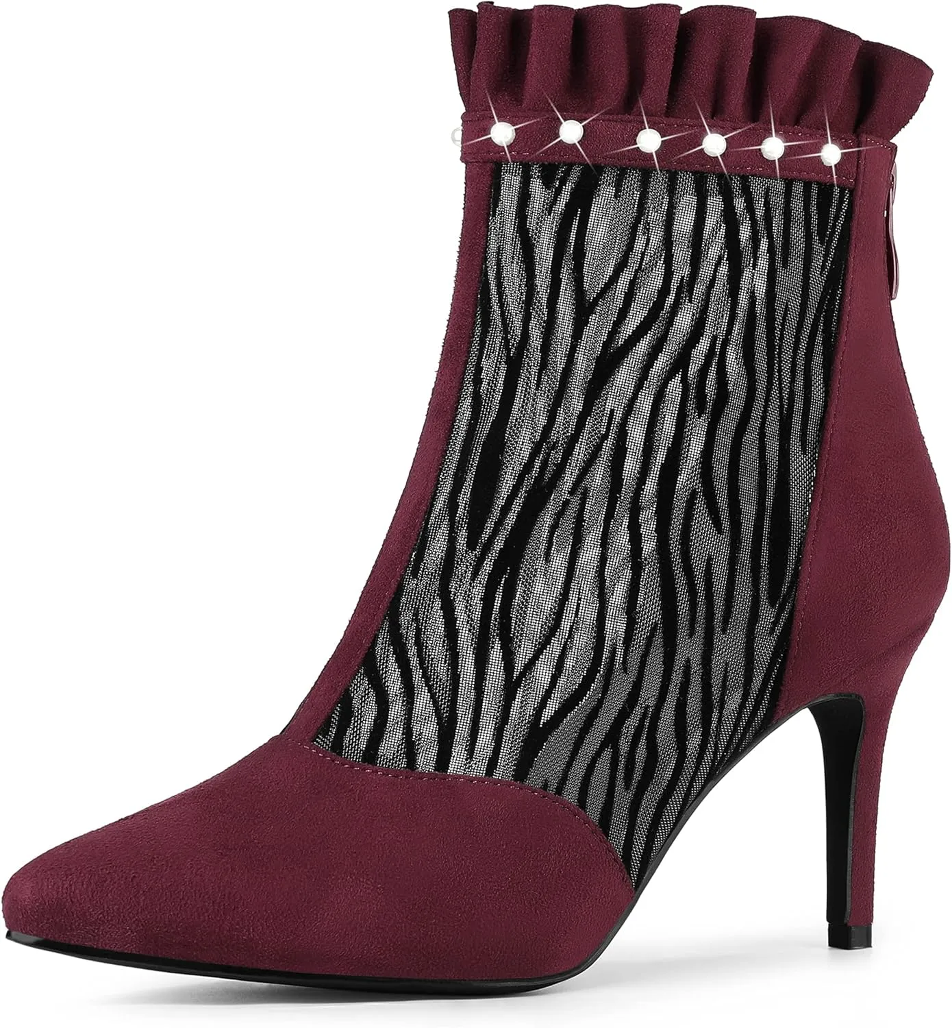 Allegra K Women's Mesh Heel Boots Stiletto Heels Ruffle Ankle Boots