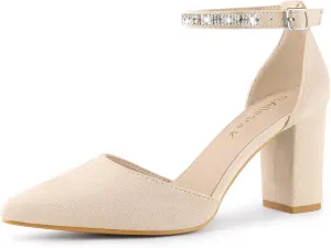 Allegra K Women's Pointed Toe Rhinestone Ankle Strap Chunky Heels Pumps