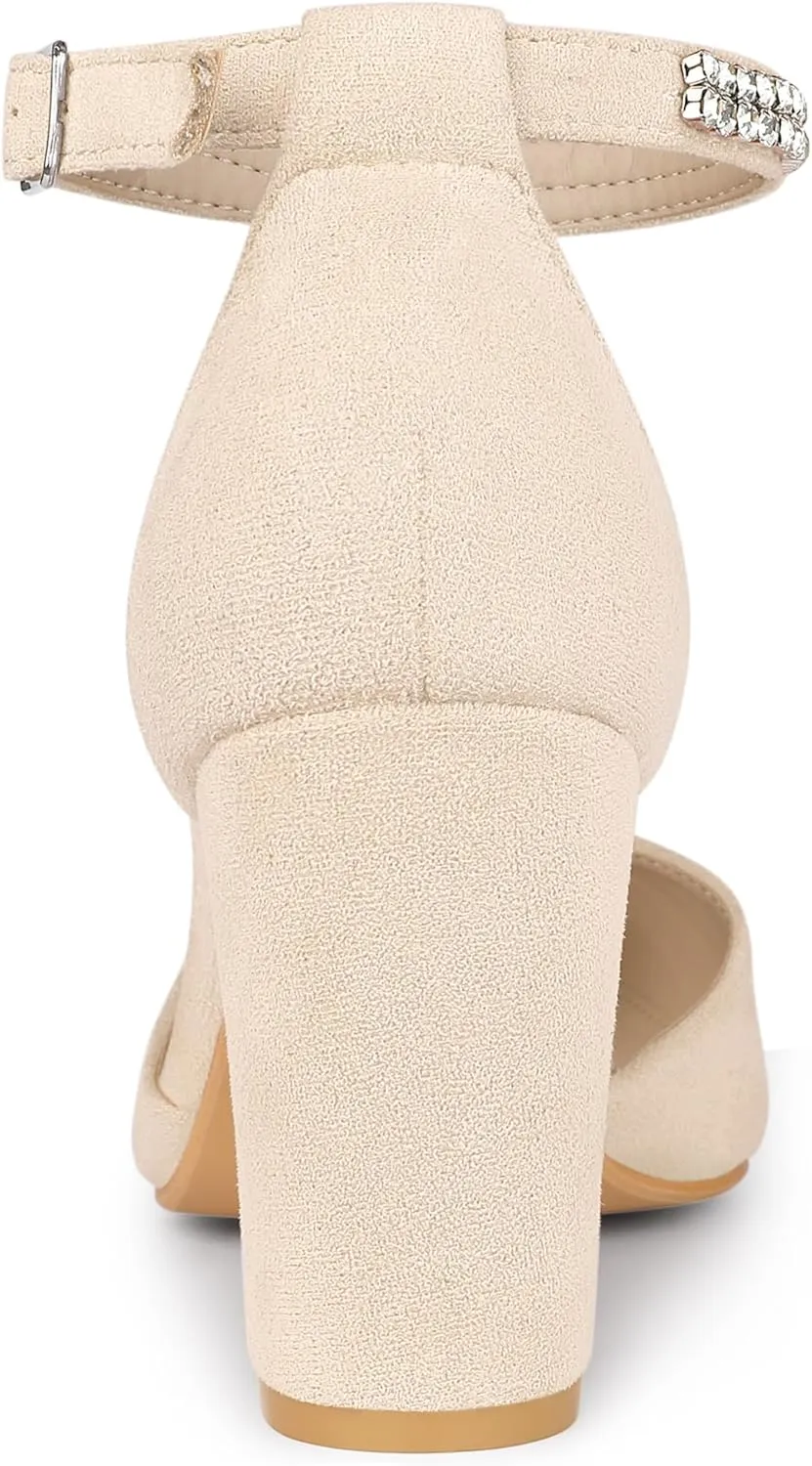 Allegra K Women's Pointed Toe Rhinestone Ankle Strap Chunky Heels Pumps
