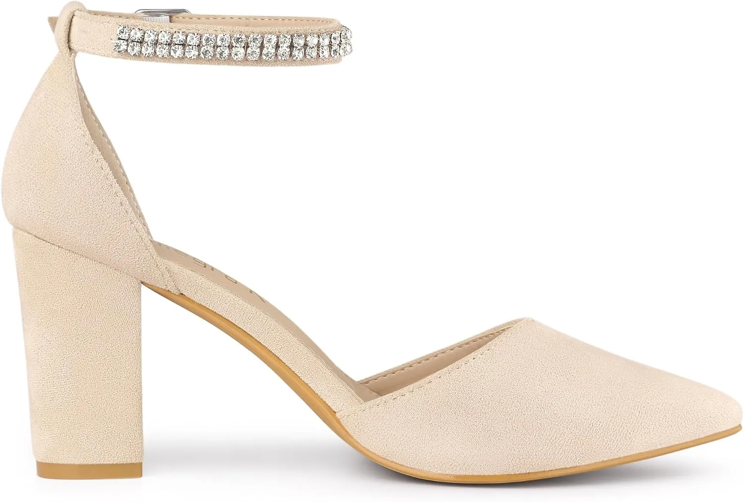 Allegra K Women's Pointed Toe Rhinestone Ankle Strap Chunky Heels Pumps