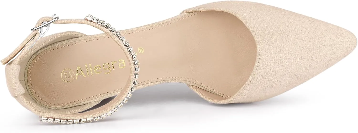Allegra K Women's Pointed Toe Rhinestone Ankle Strap Chunky Heels Pumps