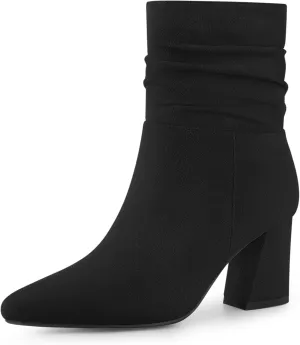 Allegra K Women's Pointy Toe Slouched Zipper Chunky Heel Ankle Boots
