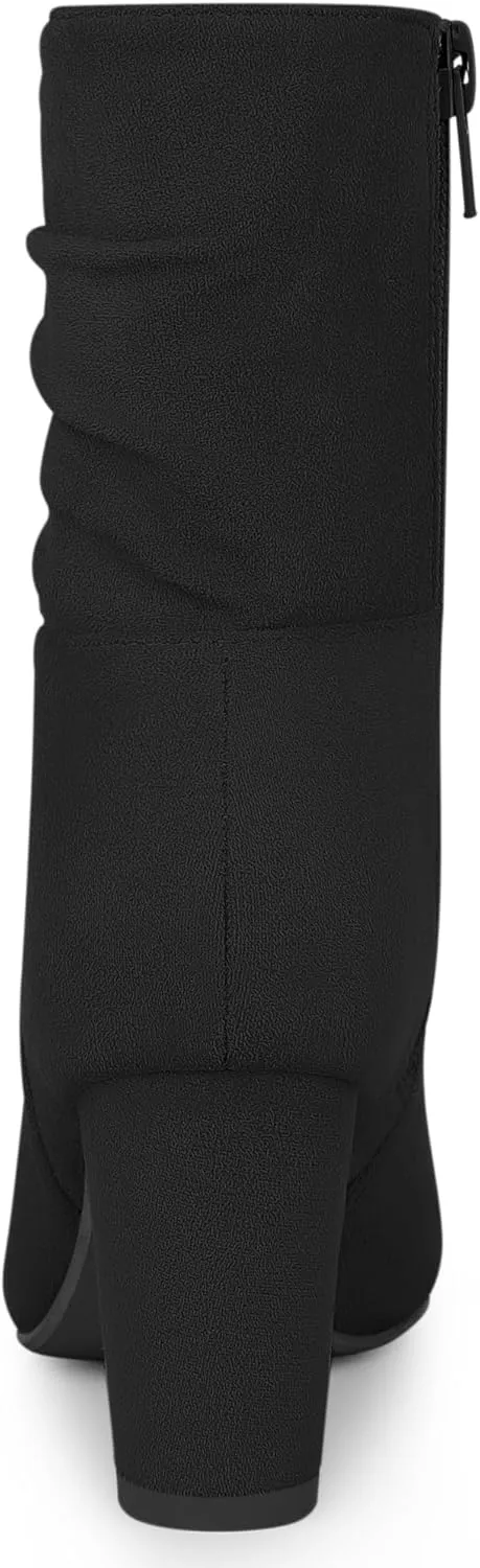 Allegra K Women's Pointy Toe Slouched Zipper Chunky Heel Ankle Boots