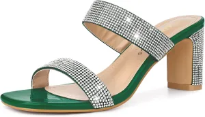 Allegra K Women's Rhinestone Chunky Heel Slide Heel Sandals