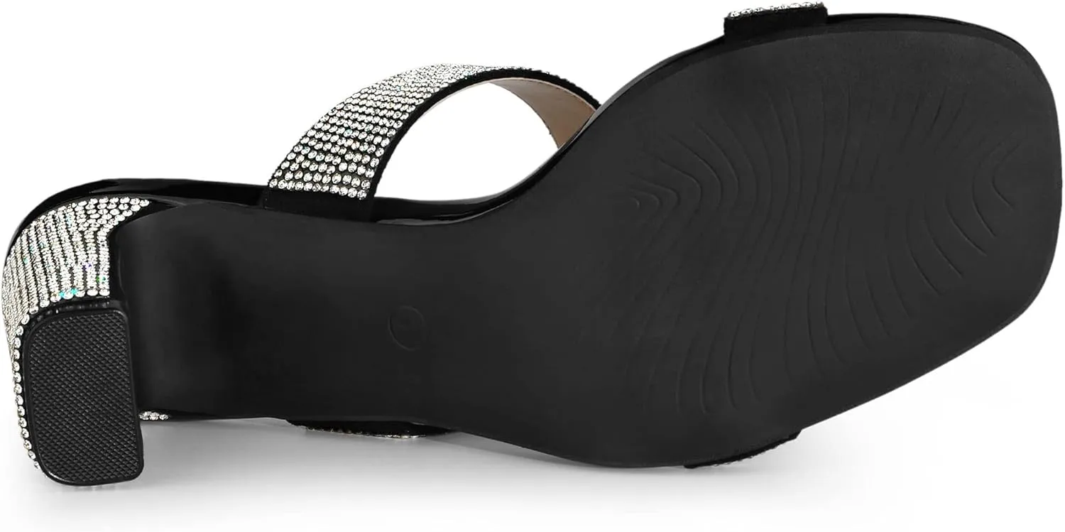 Allegra K Women's Rhinestone Chunky Heel Slide Heel Sandals