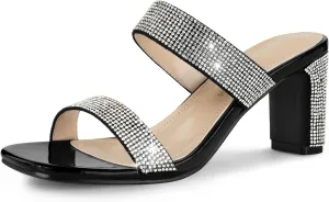 Allegra K Women's Rhinestone Chunky Heel Slide Heel Sandals