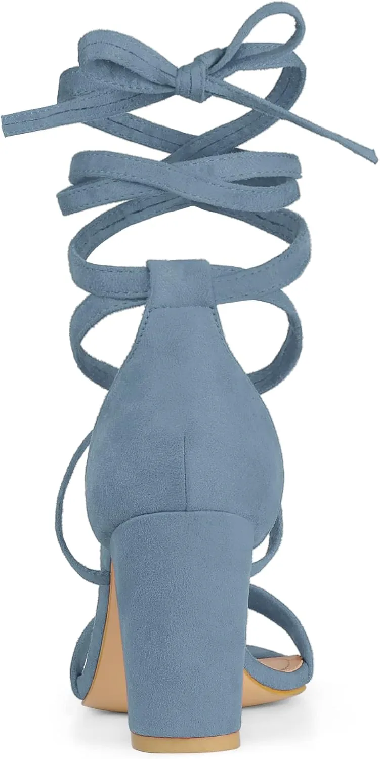 Allegra K Women's Strappy Lace Up Heel Chunky High Heels Sandals