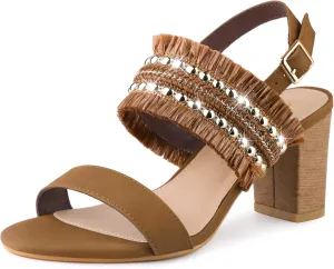 Allegra K Women's Tassels Braided Strap Chunky Heel Mexican Sandal Bohemian Shoes