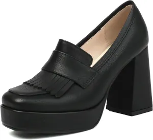 Alsoloveu Women's Platform High Heel Loafers Square Toe Chunky Heels Slip On Pump Shoes with Tassel Decor