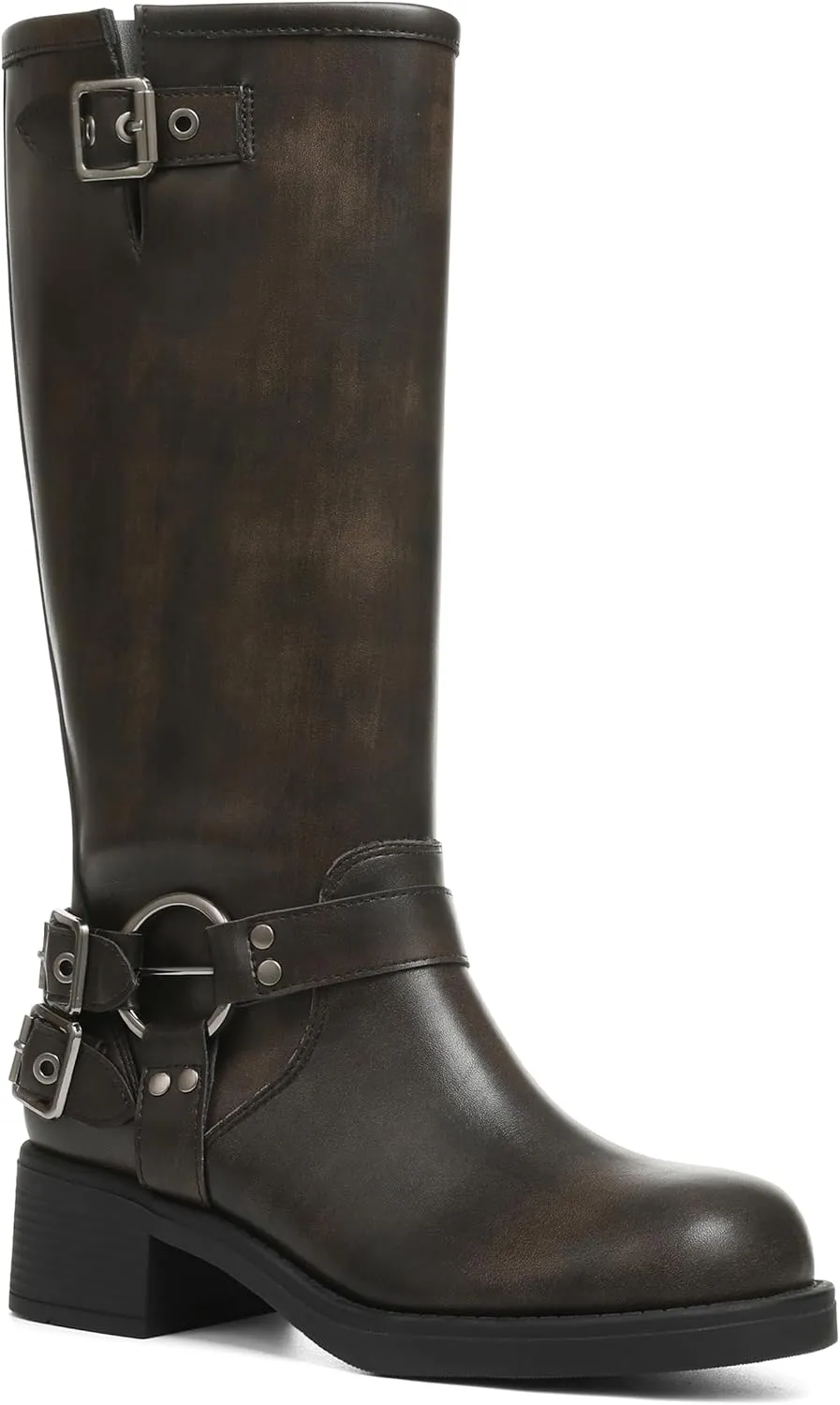 AMINUGAL Knee High Boots Women Square Toe Pull On Wide Calf Riding Fashion Buckles Chunky Metallic Casual Vintage Buckle Rivet