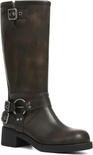 AMINUGAL Knee High Boots Women Square Toe Pull On Wide Calf Riding Fashion Buckles Chunky Metallic Casual Vintage Buckle Rivet