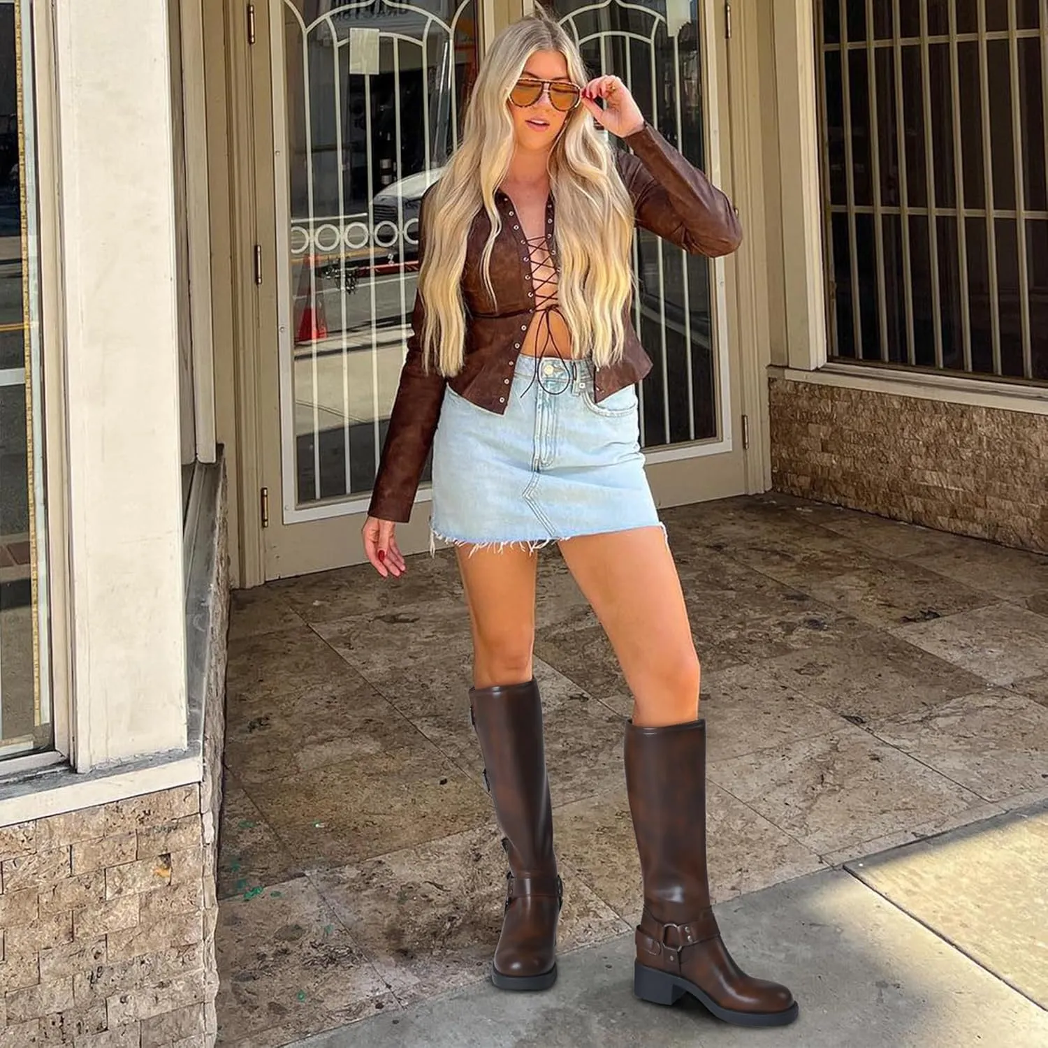AMINUGAL Knee High Boots Women Square Toe Pull On Wide Calf Riding Fashion Buckles Chunky Metallic Casual Vintage Buckle Rivet