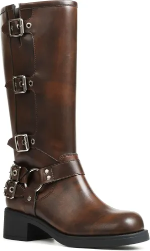 AMINUGAL Knee High Boots Women Square Toe Pull On Wide Calf Riding Fashion Buckles Chunky Metallic Casual Vintage Buckle Rivet